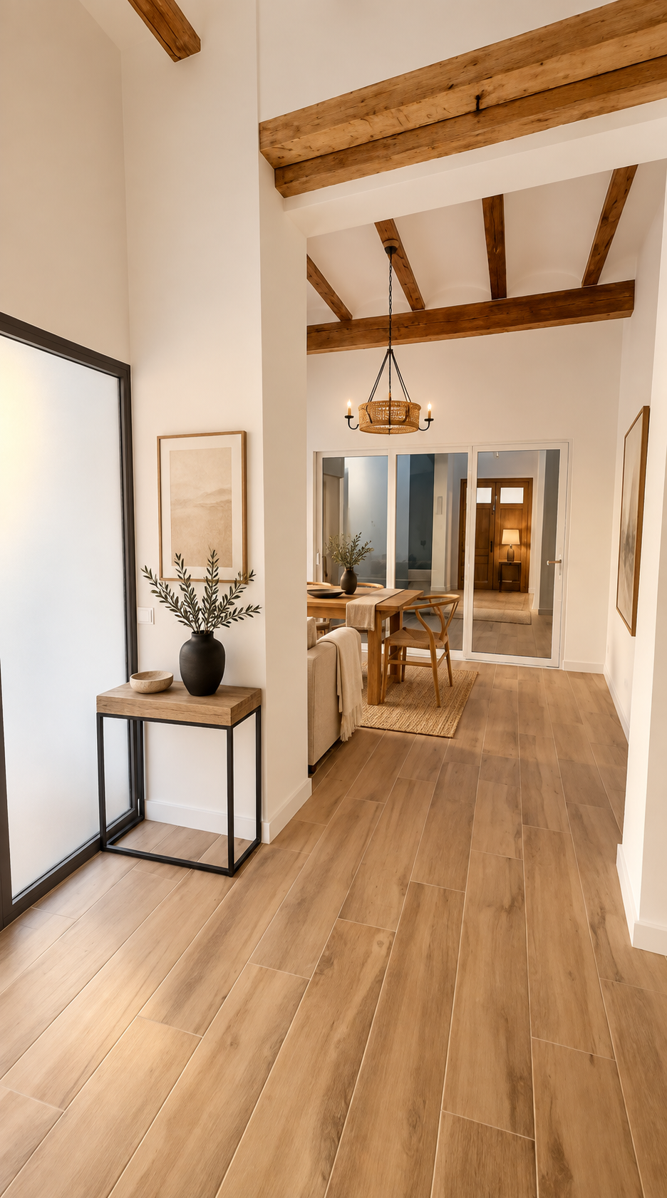 Interior de vivienda con vigas de madera restauradas