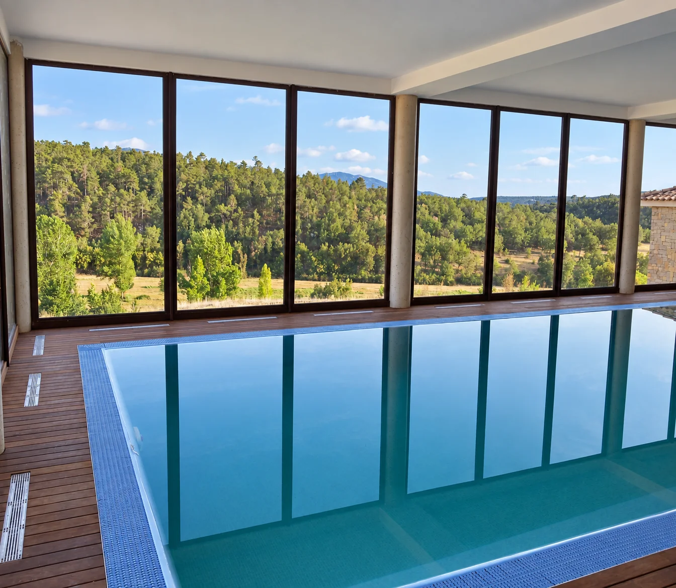 Piscina interior y paisaje exterior